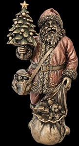 julemandsfigur i bronze fra Veronese, stående med gavepose og juletræ